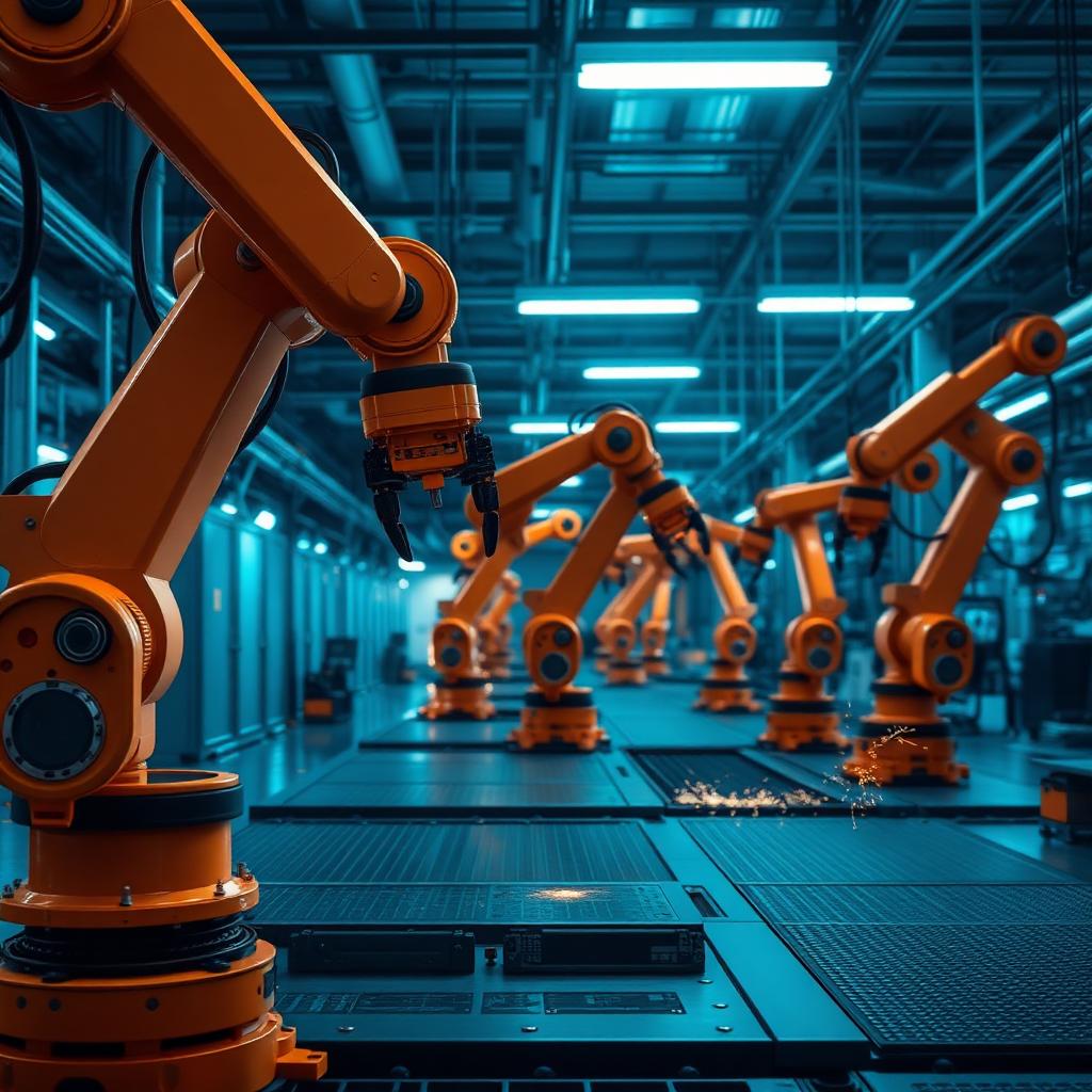 Orange industrial robotic arms on an automated assembly line in a smart factory